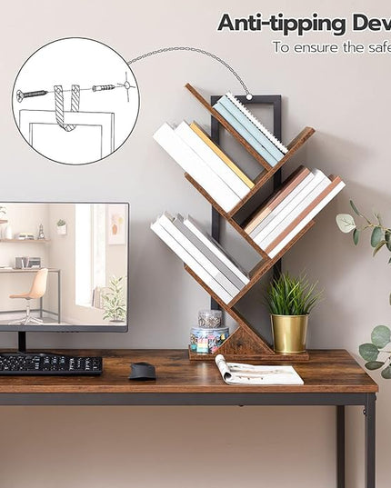 HOOBRO Tree Bookshelf, 5-Tier Bookcase Wooden Shelves, Floor Standing Storage Rack, for Display of CDs, Books in Living Room, Home Office, Wood Storage Rack for Bedroom, Rustic Brown BF04SJ01G1 - LeafyLoom