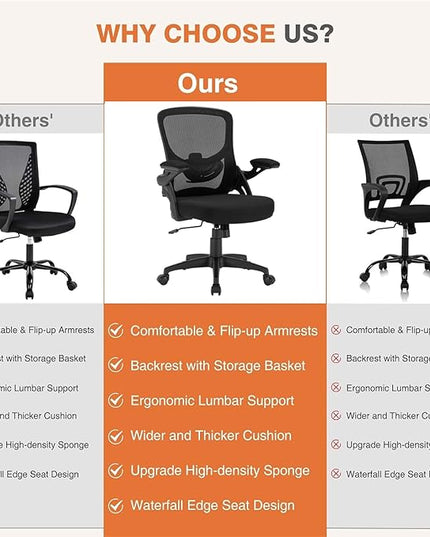 Ergonomic Mesh Office Chair, Comfy Desk Chair with Flip up Armrests, Swivel Computer Desk Chair with Adjustable Lumbar Support and Height for Home Office, 300 lbs Capacity - LeafyLoom