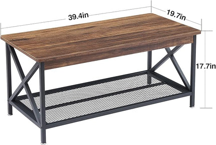 VECELO Coffee Center Table with Storage Shelf for Living Room Office Reception, Rectangle, Brown - LeafyLoom