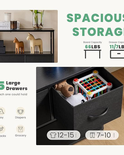 ANTONIA TV Stand Dresser for Bedroom with 5 Fabric Drawer,Entertainment Center for 45 inch Television, Media Console Table with Storage, Open Shelf, Adjustable Feet, Living Room Furniture, Black - LeafyLoom