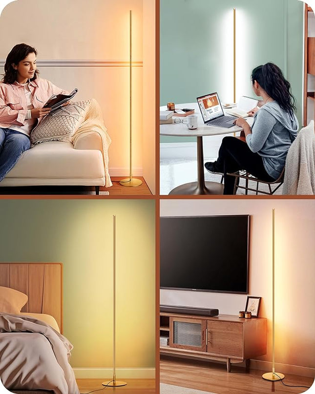 EDISHINE LED Corner Floor Lamp with Remote, 57.5" Minimalist Dimmable Light Pole, Standing Tall Moody Lamp for Living Room, Bedroom, Office, 3000K Warm White Light (Gold) - LeafyLoom