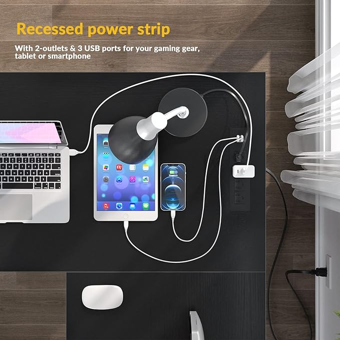 Unikito L Shaped Desk with USB Charging Port and Power Outlet, Reversible Corner Computer Desk with Storage Shelves, Industrial 2 Person Long Gaming Table Modern Home Office Desk, Black - LeafyLoom