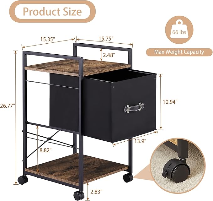 VECELO Vertical Filing Cabinet Set of 2, Rolling Printer Shelf with Handle, Suitable for Letter Size, Sturdy Steel Frame and Folding Fabric Drawer for Living Room/Bedroom/Hallway, Brown+Black - LeafyLoom