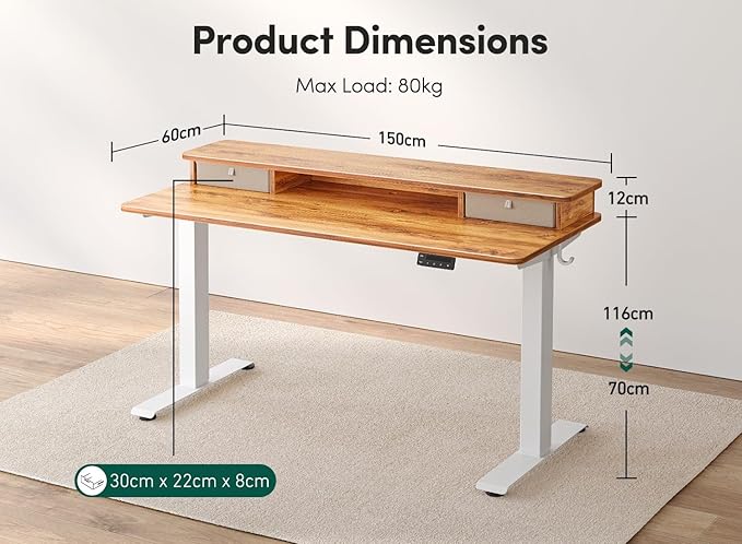 FEZIBO 60 x 24 Inch Height Adjustable Electric Standing Desk with Double Drawer, Stand Up Desk with Storage Shelf, Sit Stand Desk, Light Rustic - LeafyLoom