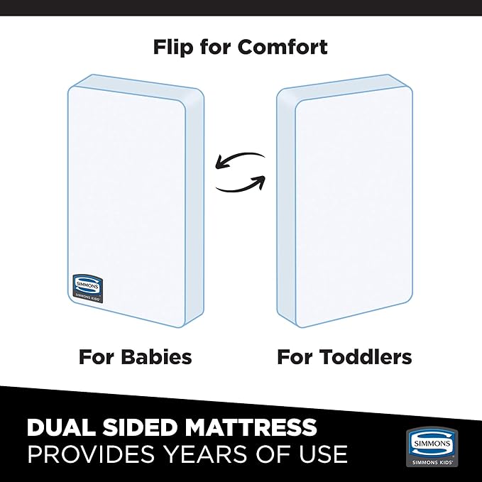 Delta Children Tribeca 4-in-1 Baby Convertible Crib + Simmons Kids Quiet Nights Crib and Toddler Mattress Made from Recycled Water Bottles/GREENGUARD Gold Certified [Bundle], Bianca White/Natural - LeafyLoom