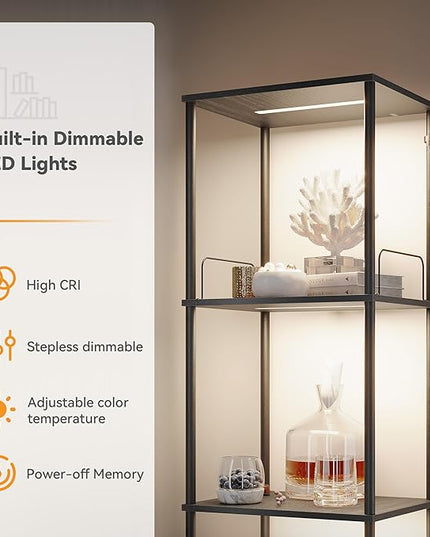 SUNMORY Display Shelf with Dimmable Lights, Lighted Display Cases for Collectibles, Adjustable Color Temperature and Brightness, Display Cabinet, Floor Lamp with Shelves, Home Decor, Black - LeafyLoom