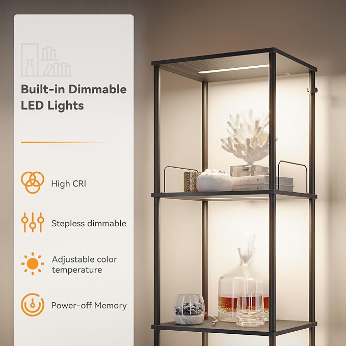 SUNMORY Display Shelf with Dimmable Lights, Lighted Display Cases for Collectibles, Adjustable Color Temperature and Brightness, Display Cabinet, Floor Lamp with Shelves, Home Decor, Black - LeafyLoom