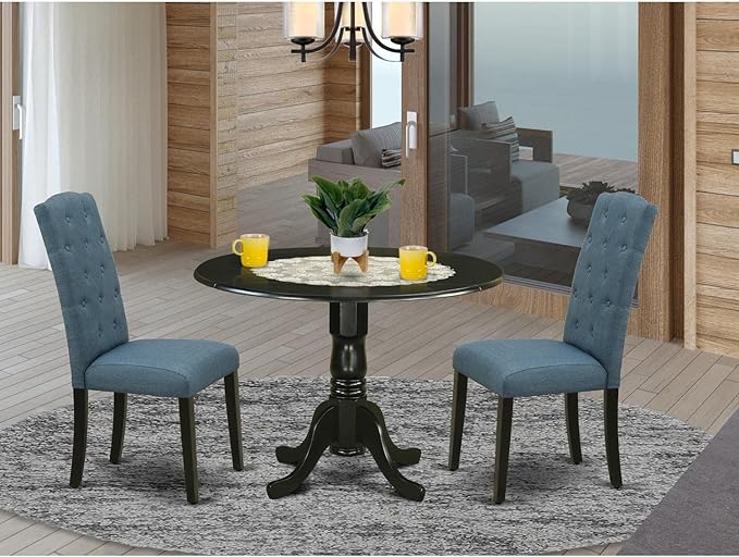 East West Furniture DLCE3-BLK-21 Dublin 3 Piece Set Contains a Round Dining Room Table with Dropleaf and 2 Mineral Blue Linen Fabric Upholstered Chairs, 42x42 Inch, Black - LeafyLoom