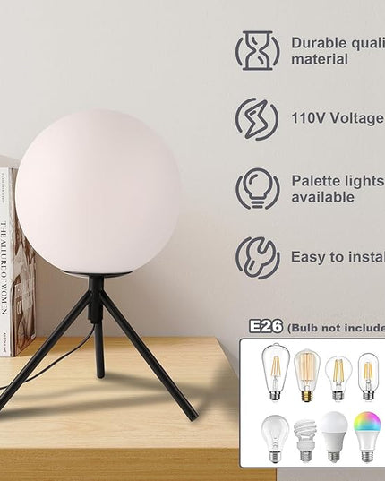 Mid Century Modern Table Lamp Black Glass Globe Desk Lamp Reading Lamp Vintage Plug in Table Desk Lamp for Bedroom Office Library Study Room (Black) - LeafyLoom