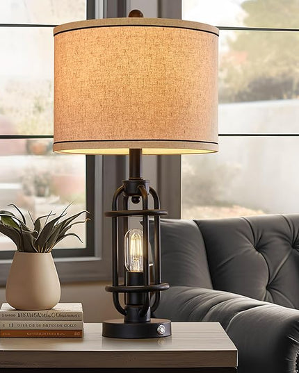 Industrial Black Metal Table Lamps Living Room 23.75'' Lamp for Nightstand Set of 2 Bedside End Lamp Home Decor Touch Lamp Modern Lamps with USB Ports - LeafyLoom
