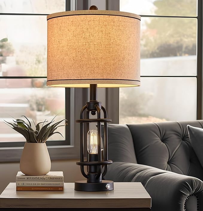 Industrial Black Metal Table Lamps Living Room 23.75'' Lamp for Nightstand Set of 2 Bedside End Lamp Home Decor Touch Lamp Modern Lamps with USB Ports - LeafyLoom
