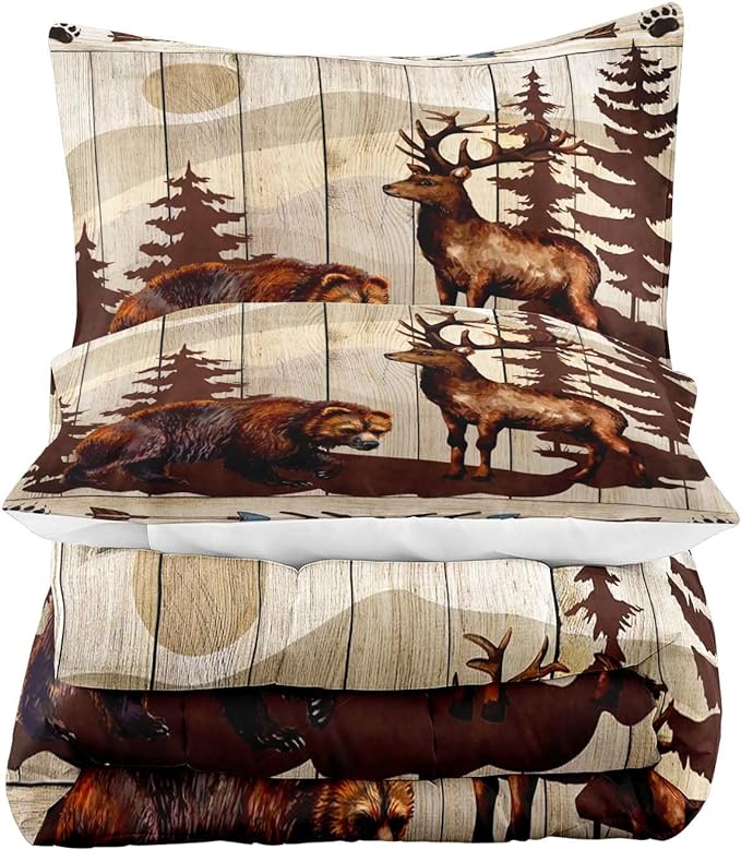 LUVIVIHOME 2PCS Brown Bear Deer Comforter Set Twin Size, Rustic Cabin Bedding, Pine Tree Forest Animal Elk Moose Wildlife Country Lodge Farmhouse Quilt, Hunting Gifts for Men Hunters, 1 Pillow Sham - LeafyLoom