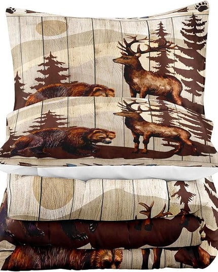 LUVIVIHOME 3PCS Brown Bear Deer Comforter Set King Size, Rustic Cabin Bedding Mountain Pine Tree Forest Animal Elk Wildlife Country Lodge Farmhouse Quilt, Hunting Gifts for Men Hunters, 2 Pillow Shams - LeafyLoom