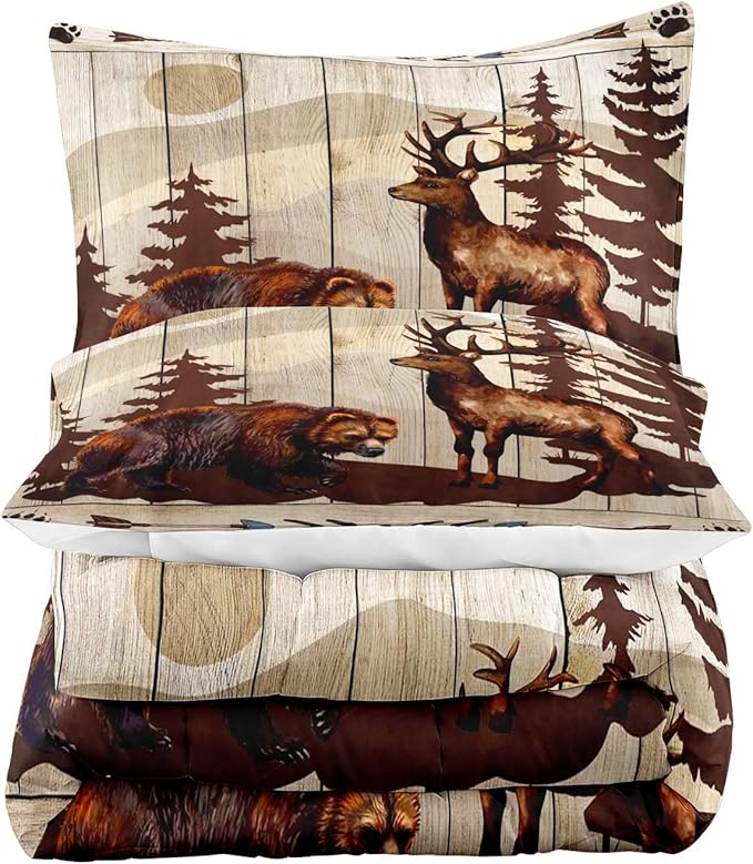 LUVIVIHOME 3PCS Brown Bear Deer Comforter Set Full Size, Rustic Cabin Bedding Mountain Pine Tree Forest Animal Elk Wildlife Country Lodge Farmhouse Quilt, Hunting Gifts for Men Hunters, 2 Pillow Shams - LeafyLoom