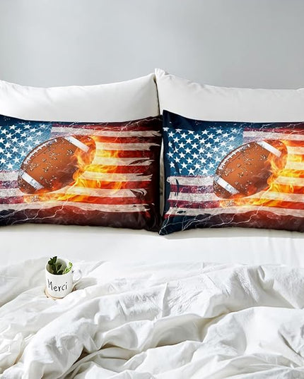 Boys American Football Comforter Set, United States Flag Down Comforter Twin Size, Soccer Sports Games Bedding Set for Kids Teens Adult Men, Geometric Stripes Retro Duvet Sets, Blue White and Red - LeafyLoom