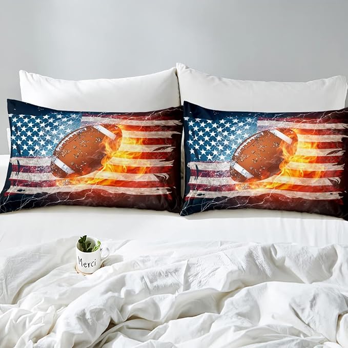 Boys American Football Comforter Set, United States Flag Down Comforter King Size, Soccer Sports Games Bedding Set for Kids Teens Adult Men, Geometric Stripes Retro Duvet Sets, Blue White and Red - LeafyLoom