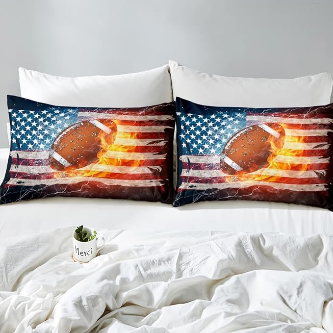 Boys American Football Comforter Set, United States Flag Down Comforter King Size, Soccer Sports Games Bedding Set for Kids Teens Adult Men, Geometric Stripes Retro Duvet Sets, Blue White and Red - LeafyLoom