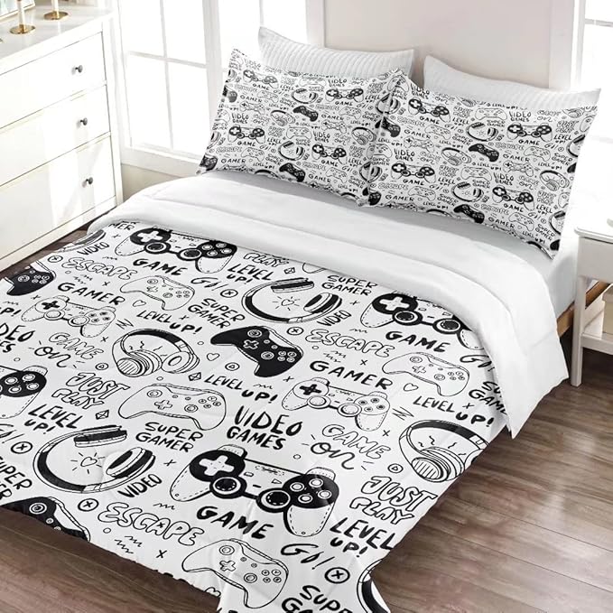 Gaming Comforter for Boys Teens,Game Bedding Sets Full,Kids Gamer Comforter Set,Video Game Bedroom Decor,Gamepad Controller Duvet Insert All Season 3 Piece 1 Comforter and 2 Pillowcases - LeafyLoom