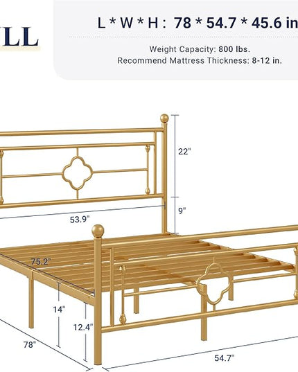 Allewie Full Size Metal Platform Bed Frame with Victorian Vintage Headboard and Footboard/Mattress Foundation/Under Bed Storage/No Box Spring Needed/Noise-Free/Easy Assembly, Gold - LeafyLoom