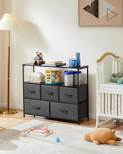 ANTONIA TV Stand Dresser for Bedroom with 5 Fabric Drawer, Entertainment Center for 45 inch Television, Media Console Table with Storage, Open Shelf, Adjustable Feet, Living Room Furniture, Grey - LeafyLoom