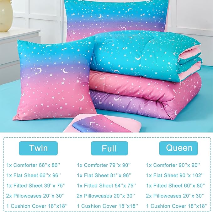 URBONUR 6 Pieces Full Size Comforter Set for Girls Moon Star Printed Bedding Set Gradient Pink Purple Blue, Soft Microfiber All Season Kids Bed Sets (Full Size, 6PCS) - LeafyLoom