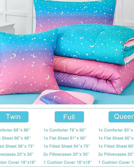 URBONUR Rainbow Comforter Set Queen Size for Teen Girls & Boys Women, Multicolor Moon Printed Bedding Set, 6 Pieces Bed in a Bag, Soft All Season (Rainbow, Queen) - LeafyLoom