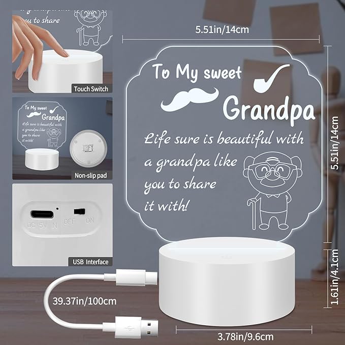 Night Lamp Gifts for Grandpa: Engraved Acrylic LED Rechargeable Night Lamp with 3 Level of Dimming and 10 Color Modes-Grandfather's Birthday Christmas Father's Day Gifts from Grandchildren - LeafyLoom