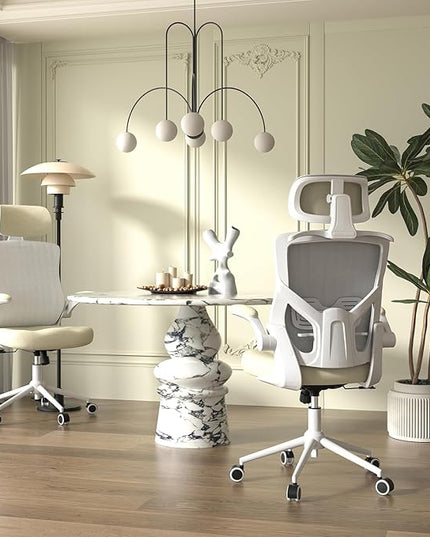 Ergonomic Office Chair, High Back Mesh Desk Chair with Thick Molded Foam Cushion, Coat Hanger, Adjustable Headrest, Lumbar Support, Tilt & Lock Function - Task Computer Chair (Beige) - LeafyLoom