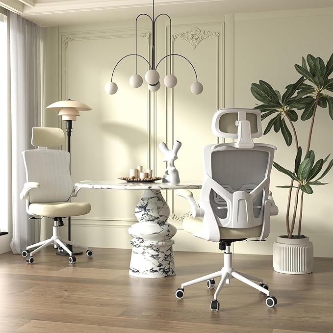 Ergonomic Office Chair, High Back Mesh Desk Chair with Thick Molded Foam Cushion, Coat Hanger, Adjustable Headrest, Lumbar Support, Tilt & Lock Function - Task Computer Chair (Beige) - LeafyLoom