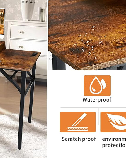 TEMI Computer Desk with Power Outlet and Monitor Shelf Included 43.3" Length Folding Table, Office Desk for Home, No Assembly Desk with Stable Black Frame, Rustic Brown - LeafyLoom