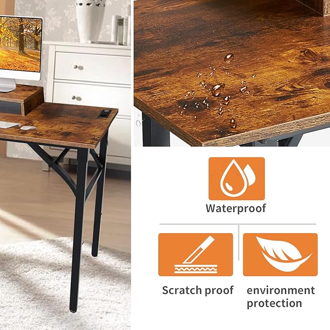TEMI Computer Desk with Power Outlet and Monitor Shelf Included 43.3" Length Folding Table, Office Desk for Home, No Assembly Desk with Stable Black Frame, Rustic Brown - LeafyLoom