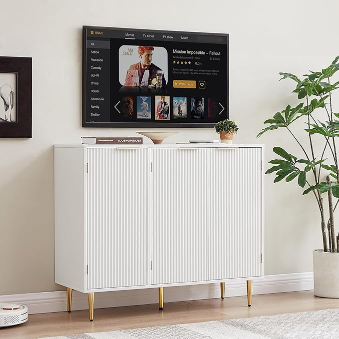 Storage Cabinet, Modern Accent Buffet Cabinet, FreeStanding Sideboard and Buffet Storage Adjustable Shelves with 3 Doors for Bedroom, Living Room, Kitchen or Hallway,White - LeafyLoom