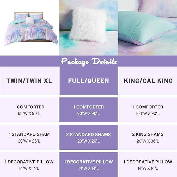 Intelligent Design Queen/Full Size Comforter Set, Watercolor Queen Bedding Sets, Tie Dye Comforter Set for Teen Girl & Boys, 4 Pieces Cassiopeia Comforter, Sham, Throw Pillow Full/Queen Pink/Blue - LeafyLoom