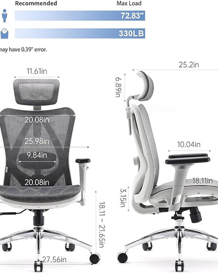 SIHOO M57 Ergonomic Office Chair with 3 Way Armrests Lumbar Support and Adjustable Headrest High Back Tilt Function Light Grey - LeafyLoom