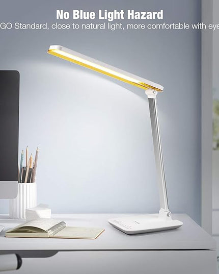 Miady LED Desk Lamp Eye-Caring Table Lamp, 3 Color Modes with 4 Levels of Brightness, Dimmable Office Lamp with Adapter, Touch Control Sensitive(White Aluminum) - LeafyLoom