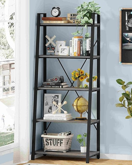 BON AUGURE 5-Tier Ladder Shelf, Industrial Leaning Bookcase, Wood and Metal Ladder Bookshelf for Living Room, Bedroom, Kitchen, Home Office (Grey Oak) - LeafyLoom