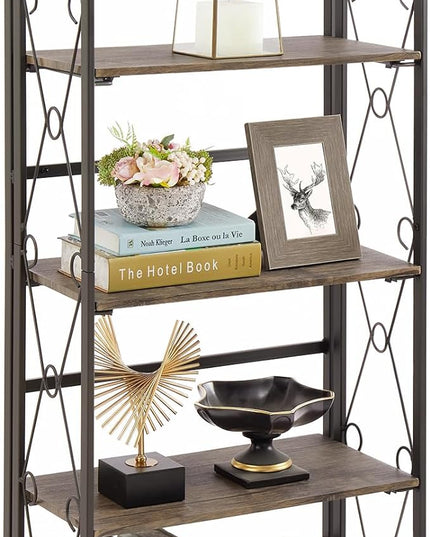VECELO Folding Bookshelf, 5-Tier Bookcase Foldable, Industrial Tall Book Shelf Storage Organizer with Collapsible Metal Frame for Living Room/Home Office,Light Brown,1 Set - LeafyLoom