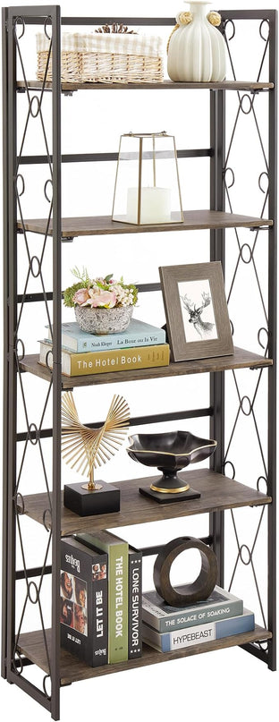 VECELO Folding Bookshelf, 5-Tier Bookcase Foldable, Industrial Tall Book Shelf Storage Organizer with Collapsible Metal Frame for Living Room/Home Office,Light Brown,1 Set - LeafyLoom