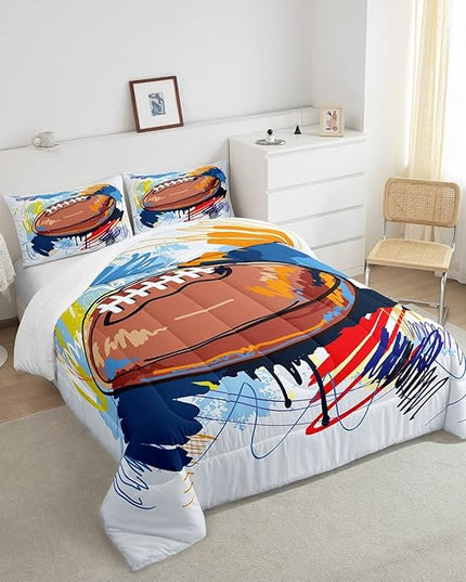 Boys Football Comforter Set Queen Kids Teen Sports Bedding Set Bedroom Decor,Watercolor Tie Dye Hand Drawn Graffiti Football Bedding Comforter Sets Rugby Quilt Duvet 2 Pillow Cases Colorful Brown - LeafyLoom
