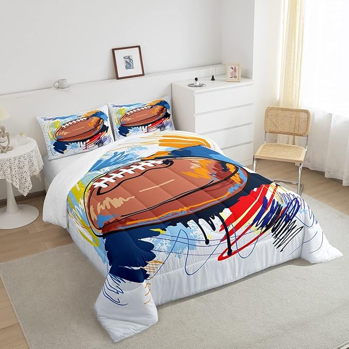 Boys Football Comforter Set Queen Kids Teen Sports Bedding Set Bedroom Decor,Watercolor Tie Dye Hand Drawn Graffiti Football Bedding Comforter Sets Rugby Quilt Duvet 2 Pillow Cases Colorful Brown - LeafyLoom