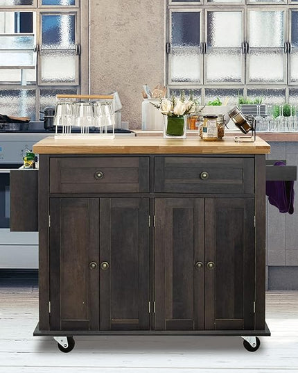 NSdirect Kitchen Island Cart,Kitchen Bar&Serving Cart Rolling on Wheels with Spice Rack Towel Holder Utility Storage Trolley with Storage Drawers for Home Hotel Kitchen Dinning Room (Dark Brown) - LeafyLoom