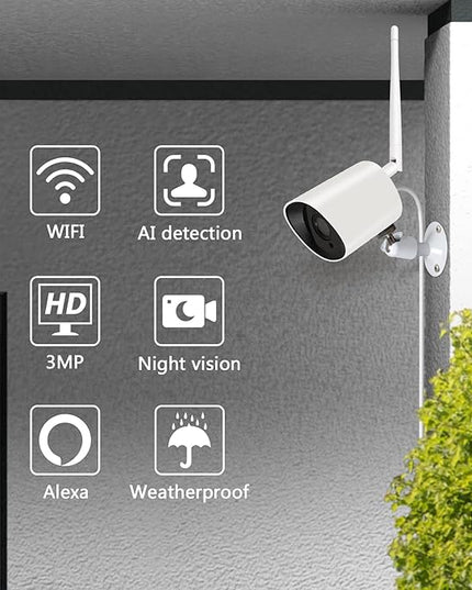 Rraycom 4Pack 2K Security Cameras Outdoor, 3MP WiFi IP Camera with Night Vision, Motion Detection, IP66 Waterproof, Cloud Storage, 24/7 Live View Video, Compatible with Alexa Rraycom