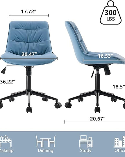 Kidol & Shellder Armless Office Chair Desk Chair Comfy Makeup Vanity Chair with Back Ergonomic Swivel Chair Home Office Desk Chairs with Wheels Rolling Computer Chair Bedroom Accent Chair(Blue) - LeafyLoom