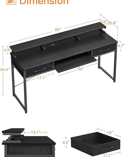 ODK Computer Desk Study Table, 63 Inch Office Desk with Drawers and Keyboard Tray, Study Desk Work Desk with Monitor Shelf, Writing Desk with Storage for Home Office, Black - LeafyLoom
