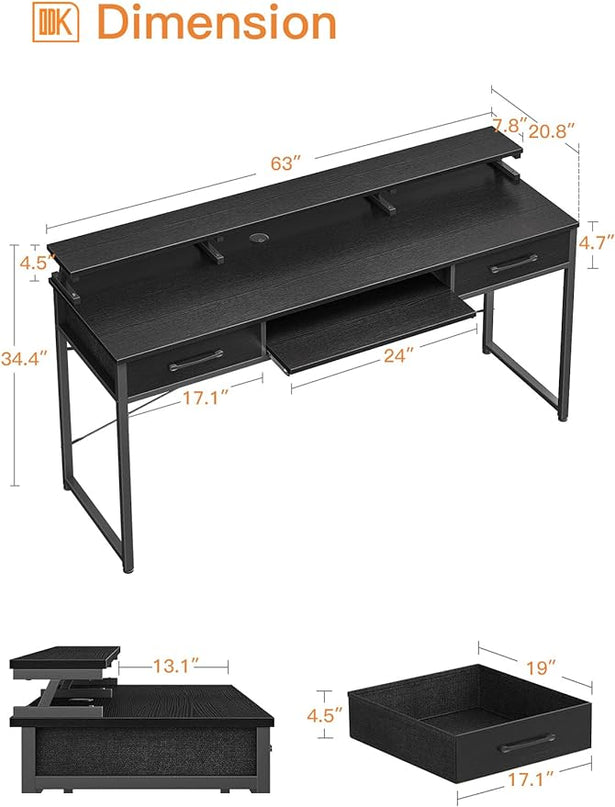 ODK Computer Desk Study Table, 63 Inch Office Desk with Drawers and Keyboard Tray, Study Desk Work Desk with Monitor Shelf, Writing Desk with Storage for Home Office, Black - LeafyLoom
