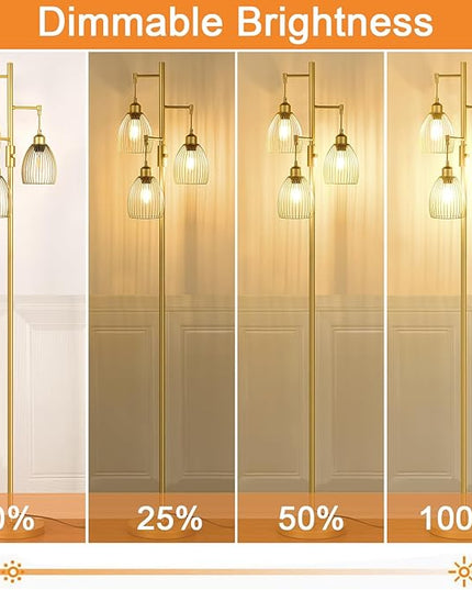 Dimmable Floor Lamp, Industrial Floor Lamps for Living Room, Gold Tree Lamp Standing Lamp Tall Lamps with 3 Elegant Teardrop Cage Head & 800 Lumens LED Bulbs for Living room Bedroom Office - LeafyLoom