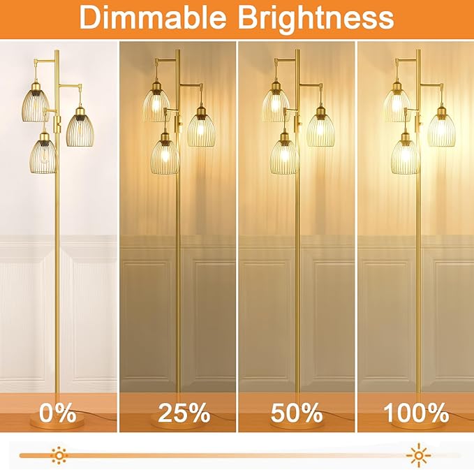 Dimmable Floor Lamp, Industrial Floor Lamps for Living Room, Gold Tree Lamp Standing Lamp Tall Lamps with 3 Elegant Teardrop Cage Head & 800 Lumens LED Bulbs for Living room Bedroom Office - LeafyLoom