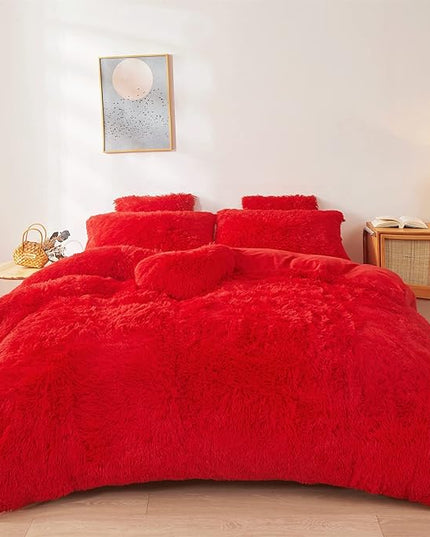 FOPPA Red fluffy Comforter Cover Set king- Ultra Soft fluffy Red Bedding Sets 3 Pieces (1 Duvet Cover + 2 Pillow case) pink fluffy bed set (Red, King) - LeafyLoom