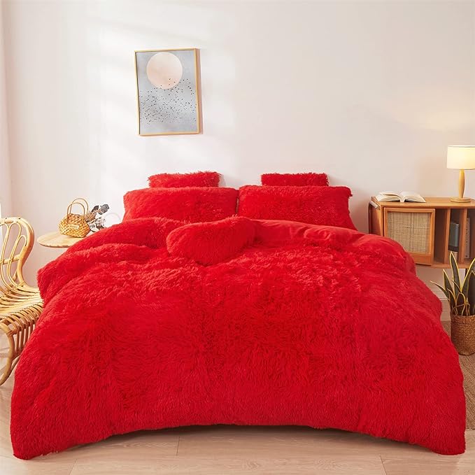 Fluffy Red comforters Cover twin size - Ultra Soft Plush red bedding Sets 2 Pieces (1 faux fur comforter Cover + 1 fuzzy pillow case) girls shaggy red twin bed set (Red, Twin) - LeafyLoom