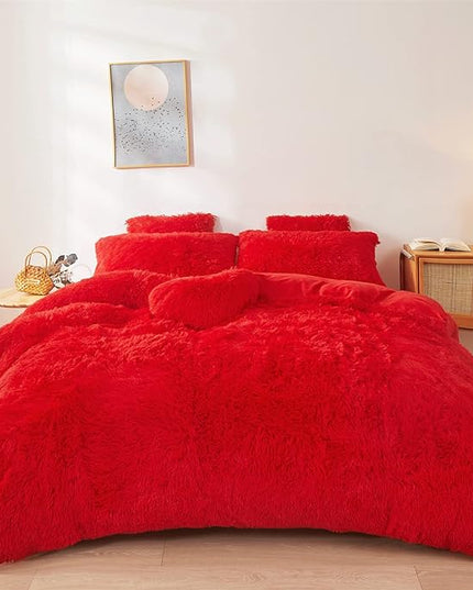 FOPPA Christmas red Comforter Cover Set Queen - Ultra Soft Plush red Bedding Sets 3 Pieces (1 Faux Fur Duvet Cover + 2 Faux Fur Pillow case) red Bed Set Queen (Red, Queen) - LeafyLoom